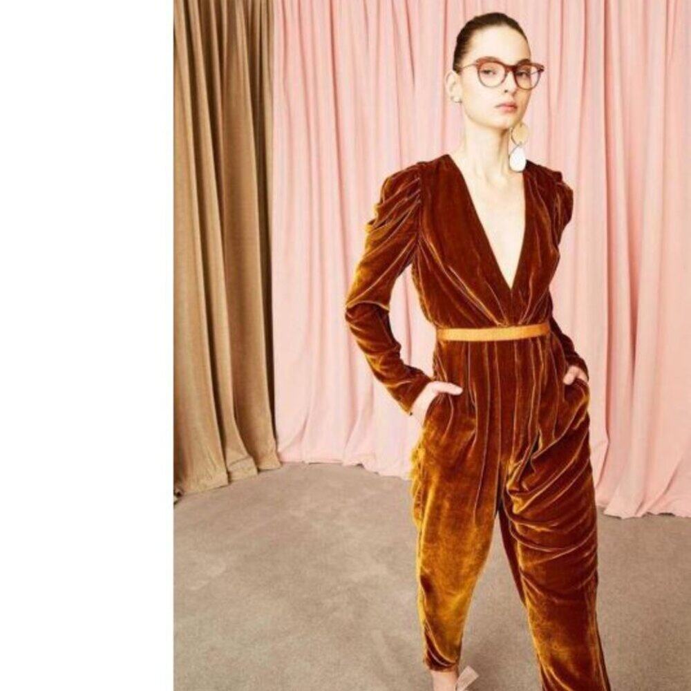 New Ulla Johnson Sabine Velvet Jumpsuit In Topaz Brown Long Sleeves Sz 0 / XS